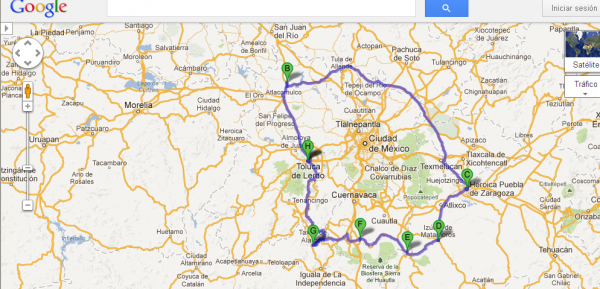 Ruta completa planteada por Almigthy y Zolin (Toluca-Puebla-Taxco)